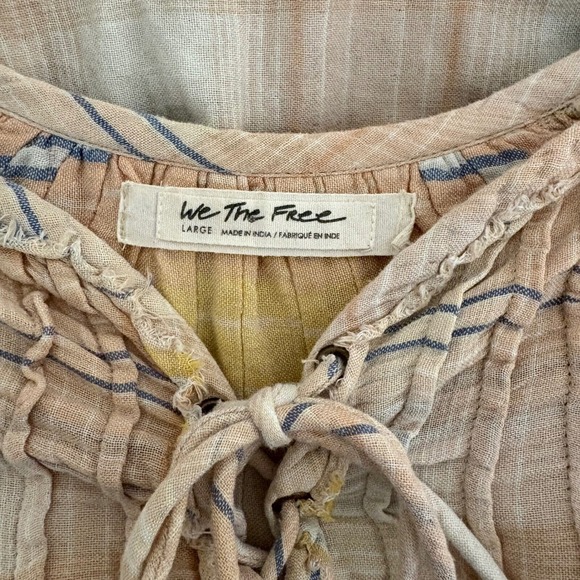 We The Free Plaid Lace Up Blouse Long Sleeve Gauzy Cotton Boho Flowy Blend Large - Picture 4 of 7